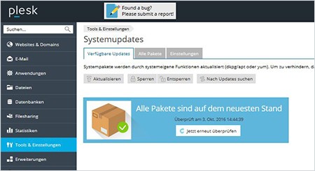 Pantalla System Updates Tool en Plesk